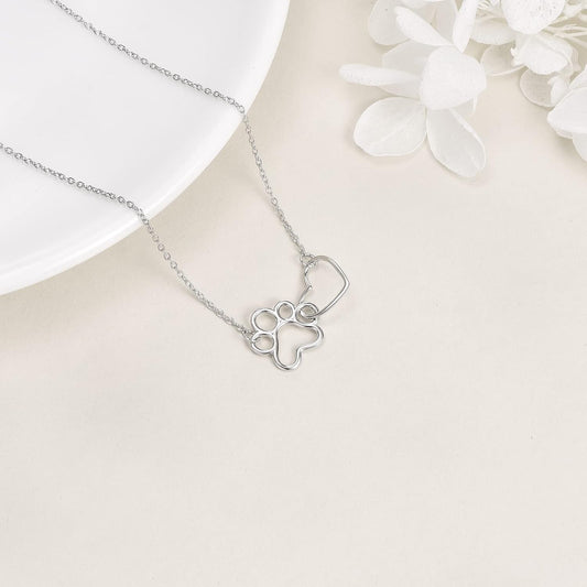 Sterling Silver Paw Print Necklace – Heart Crystal Pendant VIP